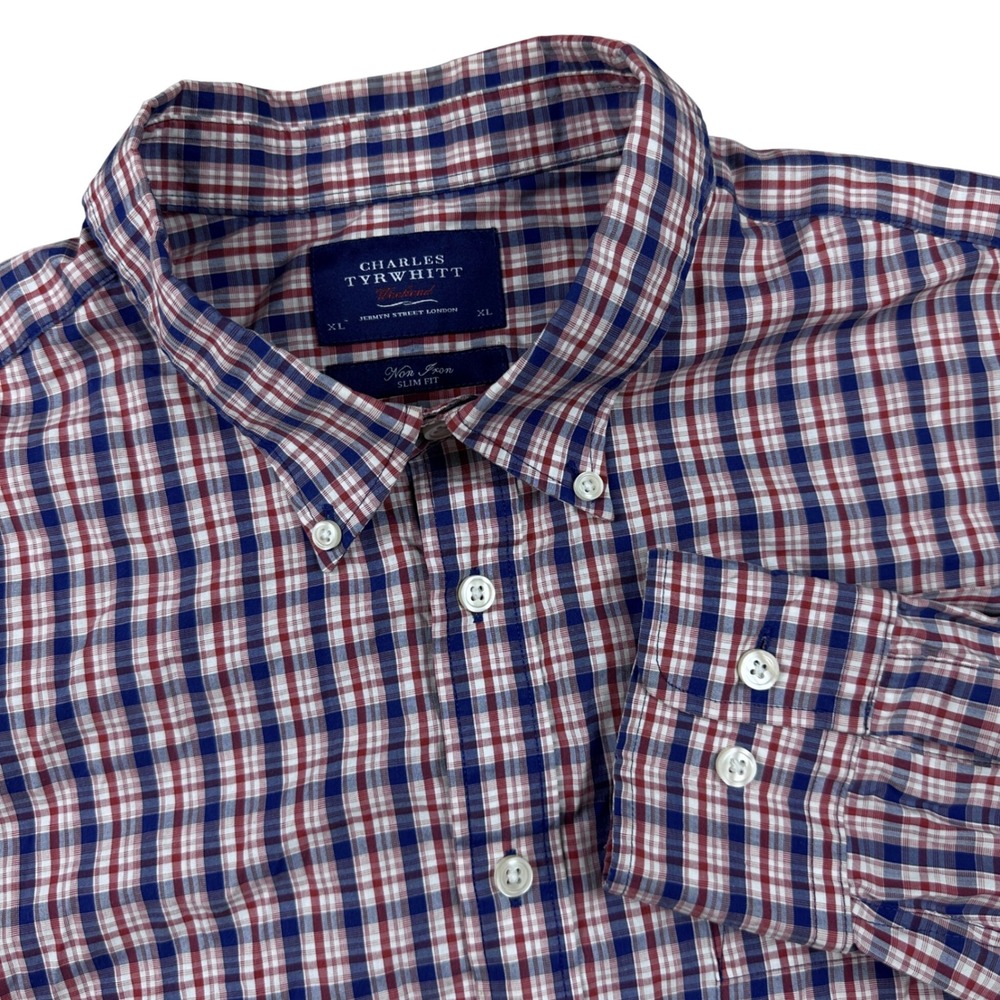 Charles Tyrwhitt Slim Fit Non Iron Check Button Down Shirt Mens XL Blue Plaid